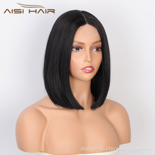 Aisi Hair Wholesale Cheap Vendor Natural Straight Wave Short Bob Lace Frontal Wig Synthetic Hair For Black Women Lace Front Wig